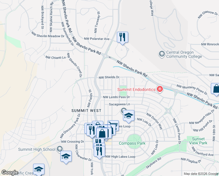 map of restaurants, bars, coffee shops, grocery stores, and more near 1471 Northwest John Fremont Street in Bend