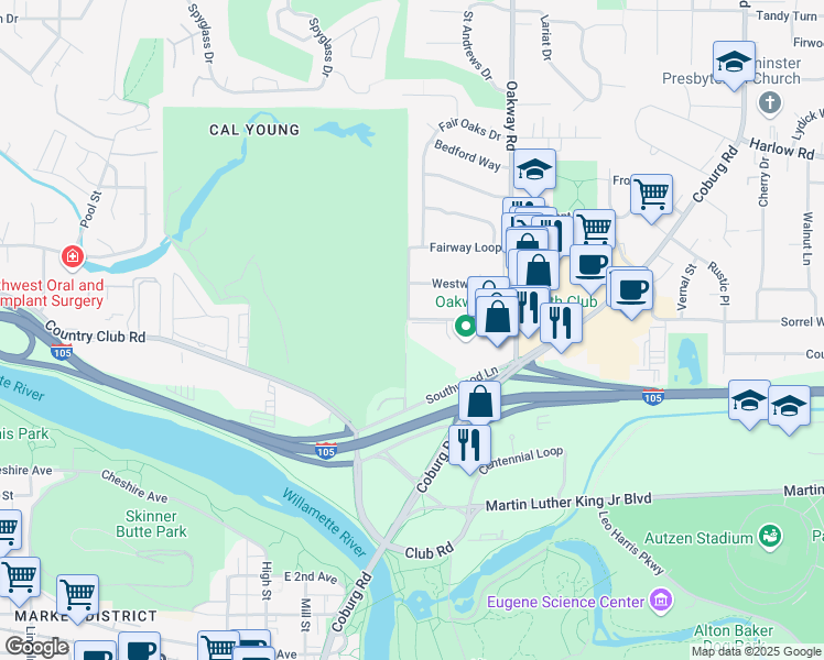map of restaurants, bars, coffee shops, grocery stores, and more near 2004 Eastwood Lane in Eugene