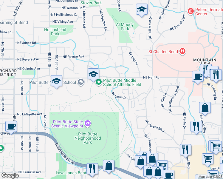 map of restaurants, bars, coffee shops, grocery stores, and more near 1760 Northeast Lotus Drive in Bend