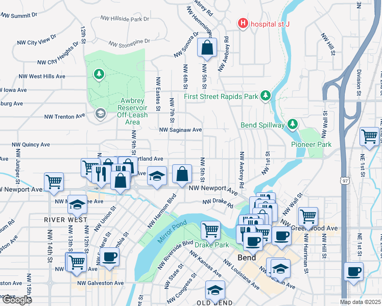 map of restaurants, bars, coffee shops, grocery stores, and more near 545 Northwest Portland Avenue in Bend