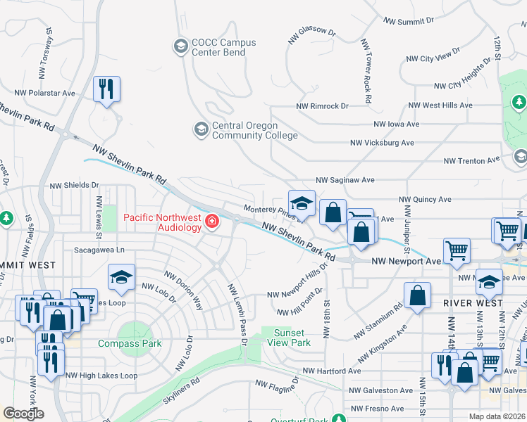 map of restaurants, bars, coffee shops, grocery stores, and more near 2181 Northwest Monterey Pines Drive in Bend