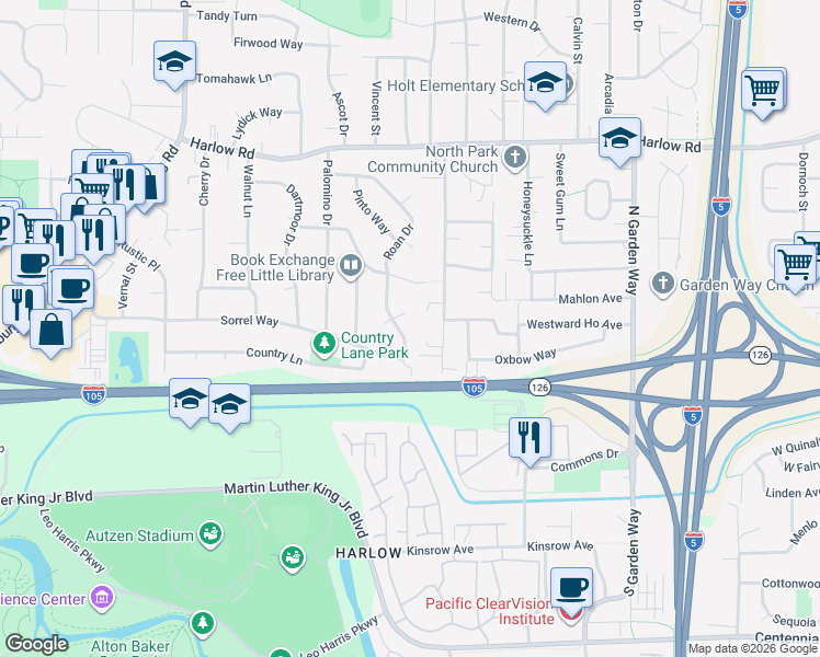 map of restaurants, bars, coffee shops, grocery stores, and more near 164 Sunshine Acres Drive in Eugene