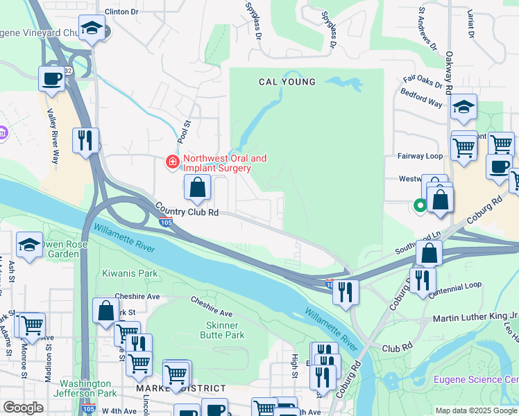 map of restaurants, bars, coffee shops, grocery stores, and more near 355 Country Club Road in Eugene