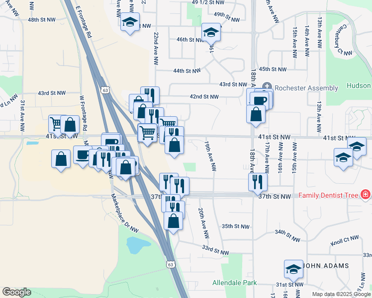 map of restaurants, bars, coffee shops, grocery stores, and more near 4001 19th Avenue Northwest in Rochester