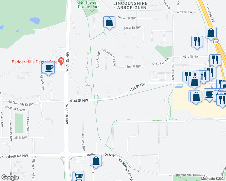 map of restaurants, bars, coffee shops, grocery stores, and more near 3625 Arboretum Drive Northwest in Rochester