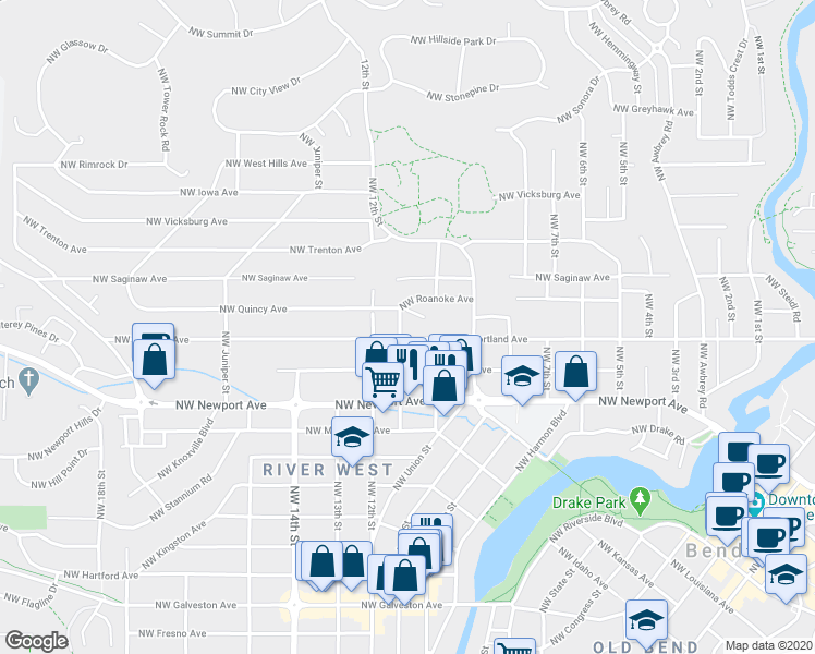 map of restaurants, bars, coffee shops, grocery stores, and more near 1612 Northwest 11th Street in Bend
