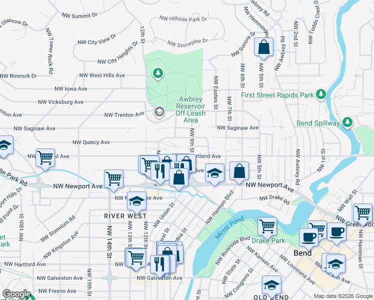 map of restaurants, bars, coffee shops, grocery stores, and more near 1609 Northwest 9th Street in Bend