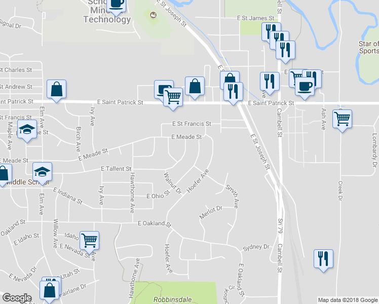 map of restaurants, bars, coffee shops, grocery stores, and more near 1027 East Tallent Street in Rapid City