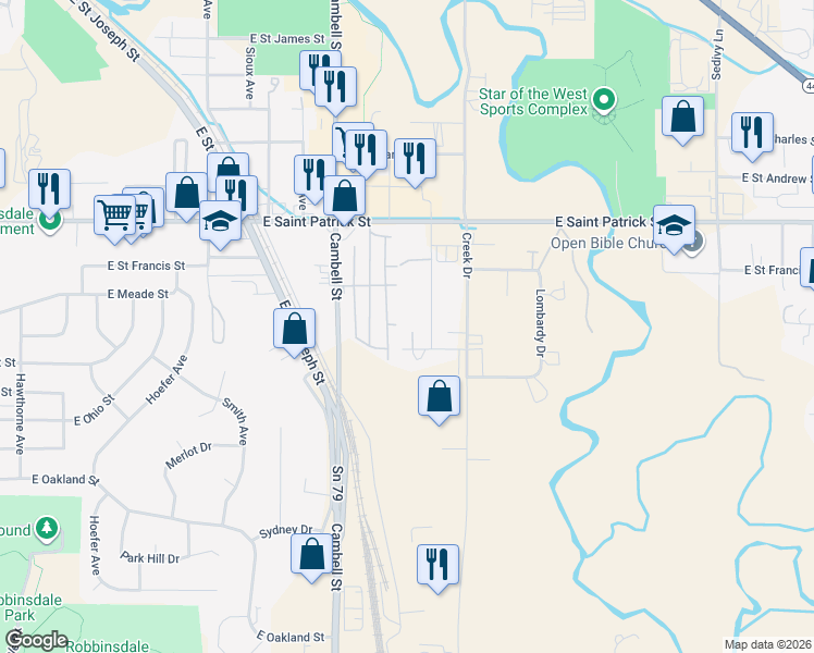 map of restaurants, bars, coffee shops, grocery stores, and more near 2019 Ash Avenue in Rapid City