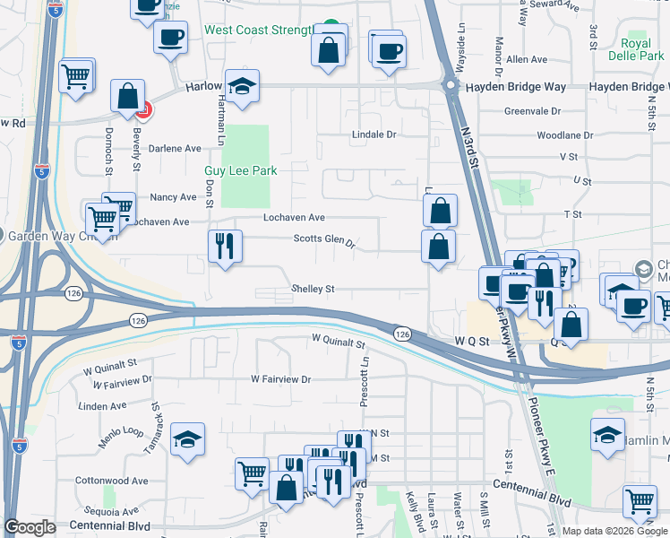 map of restaurants, bars, coffee shops, grocery stores, and more near 550 Shelley Street in Springfield