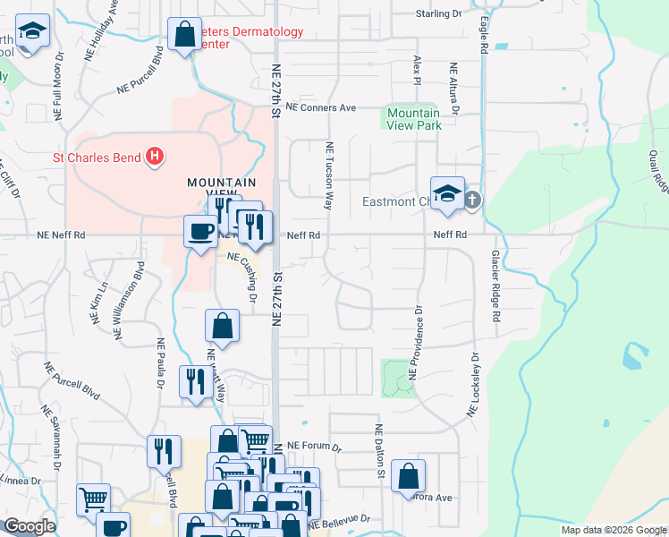 map of restaurants, bars, coffee shops, grocery stores, and more near 1442 Northeast Tucson Way in Bend