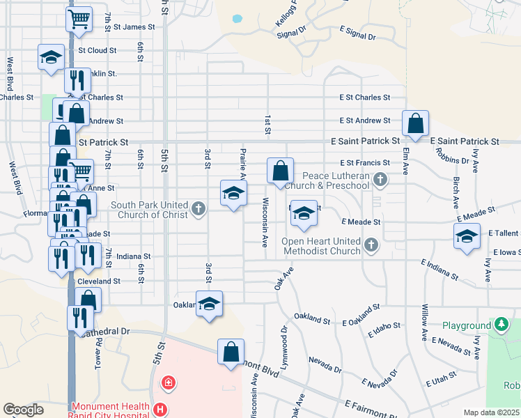 map of restaurants, bars, coffee shops, grocery stores, and more near 2127 Wisconsin Avenue in Rapid City