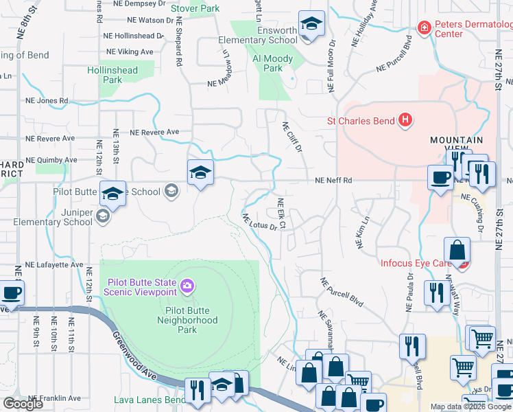 map of restaurants, bars, coffee shops, grocery stores, and more near 1431 Lucinda Court in Bend