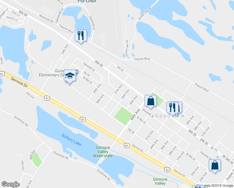 map of restaurants, bars, coffee shops, grocery stores, and more near 720 47th Avenue in Goodview