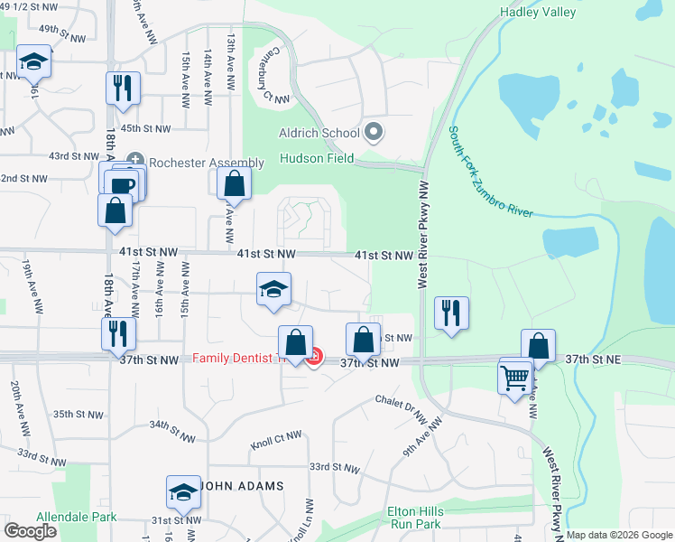 map of restaurants, bars, coffee shops, grocery stores, and more near 936 41st Street Northwest in Rochester