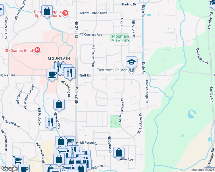 map of restaurants, bars, coffee shops, grocery stores, and more near 3008 Northeast Charleston Court in Bend