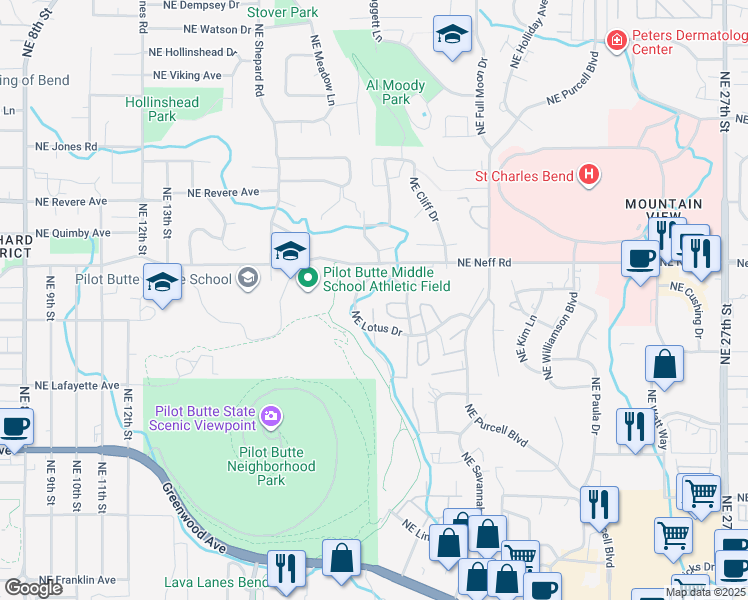 map of restaurants, bars, coffee shops, grocery stores, and more near 1760 Northeast Lotus Drive in Bend
