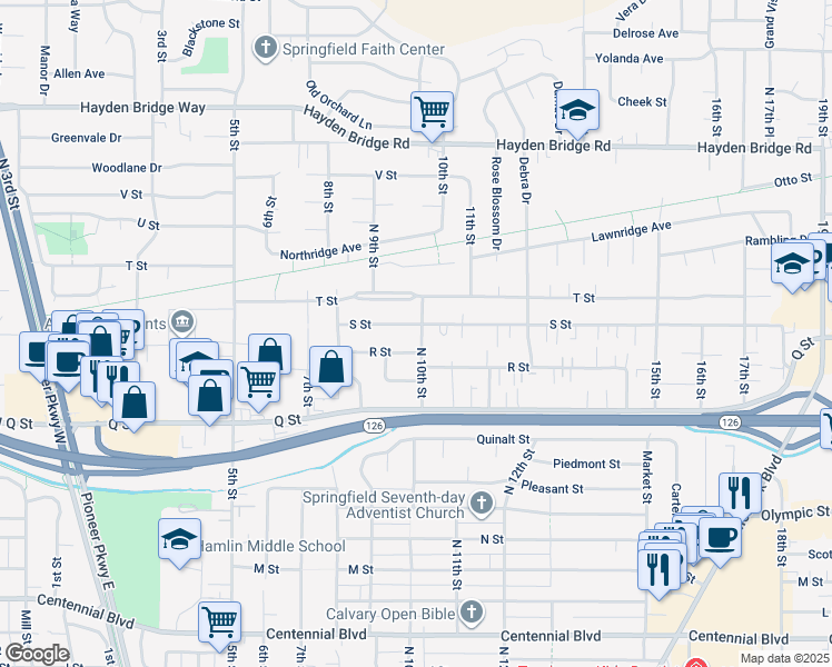 map of restaurants, bars, coffee shops, grocery stores, and more near 1905 10th Street in Springfield