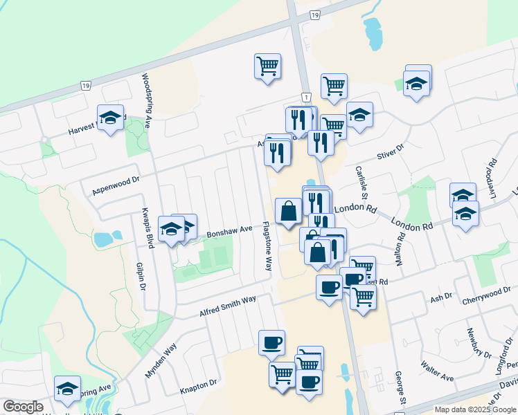 map of restaurants, bars, coffee shops, grocery stores, and more near 293 Flagstone Way in Newmarket