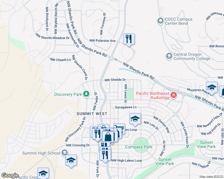 map of restaurants, bars, coffee shops, grocery stores, and more near 1498 North West Lepage Place in Bend