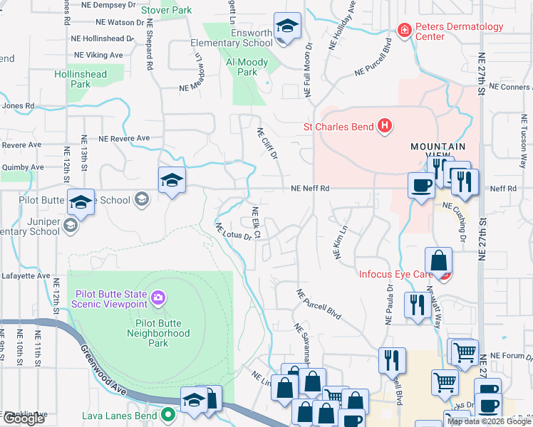 map of restaurants, bars, coffee shops, grocery stores, and more near 1850 Northeast Lotus Drive in Bend