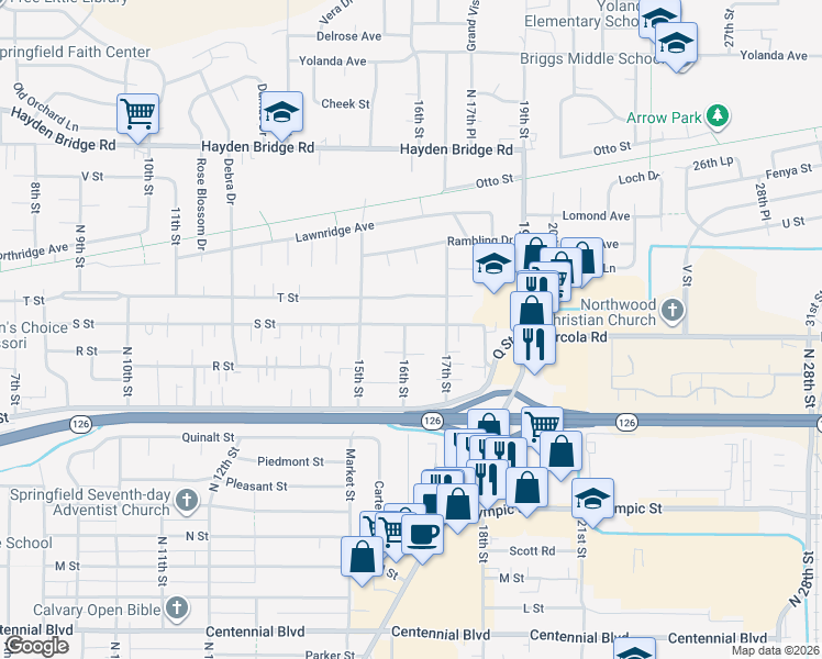 map of restaurants, bars, coffee shops, grocery stores, and more near 1924 16th Street in Springfield