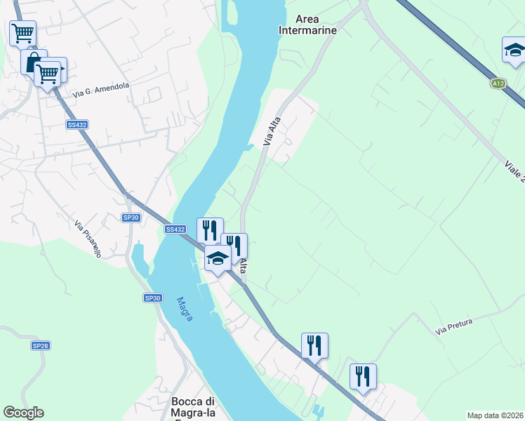 map of restaurants, bars, coffee shops, grocery stores, and more near 2 Via Alta in Provincia della Spezia