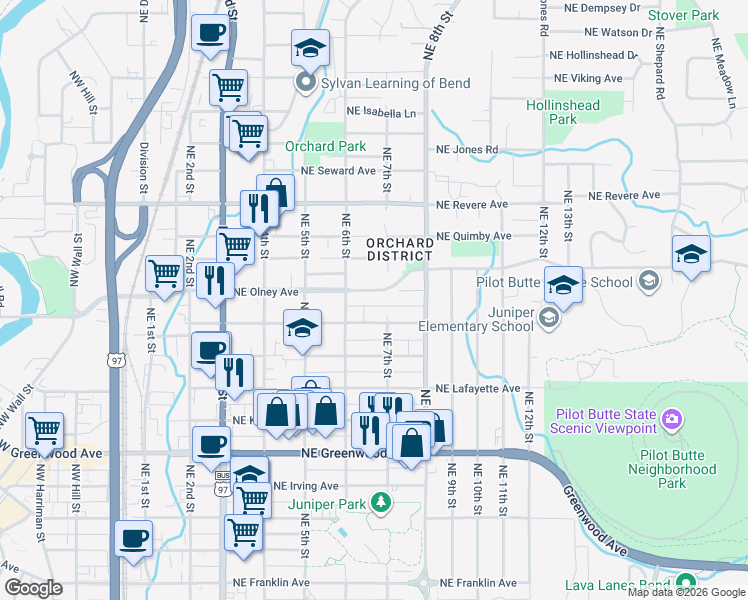 map of restaurants, bars, coffee shops, grocery stores, and more near 654 Northeast Norton Avenue in Bend