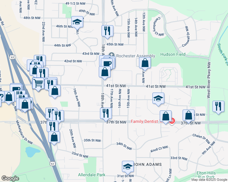 map of restaurants, bars, coffee shops, grocery stores, and more near 4026 17th Avenue Northwest in Rochester
