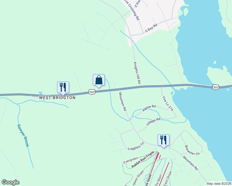 map of restaurants, bars, coffee shops, grocery stores, and more near 1 Mountain Road in Bridgton