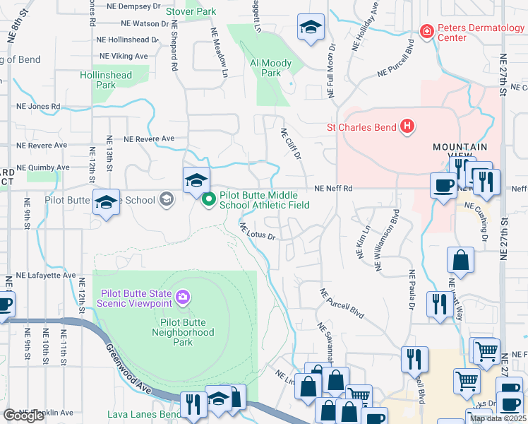 map of restaurants, bars, coffee shops, grocery stores, and more near 1375 Northeast Elk Court in Bend