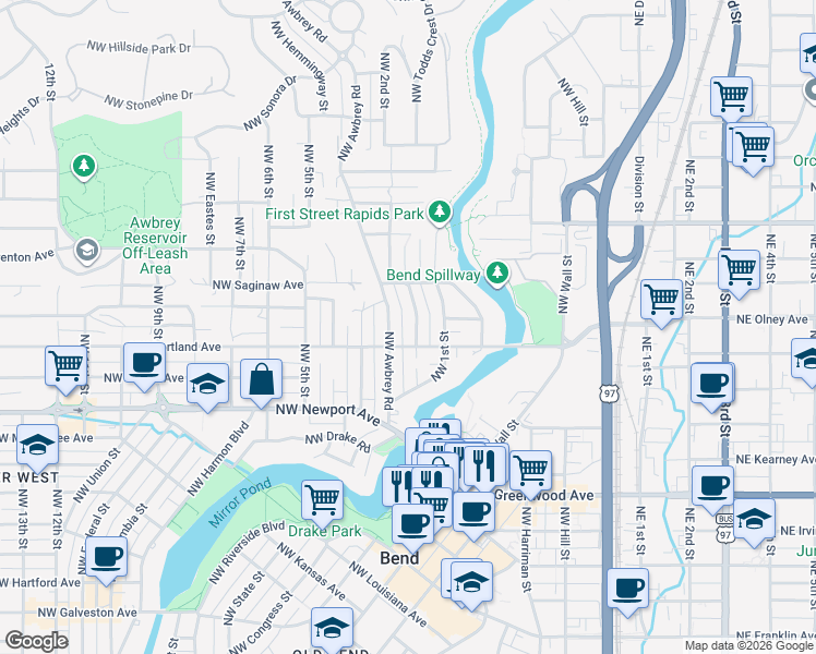 map of restaurants, bars, coffee shops, grocery stores, and more near 1594 Northwest Awbrey Road in Bend