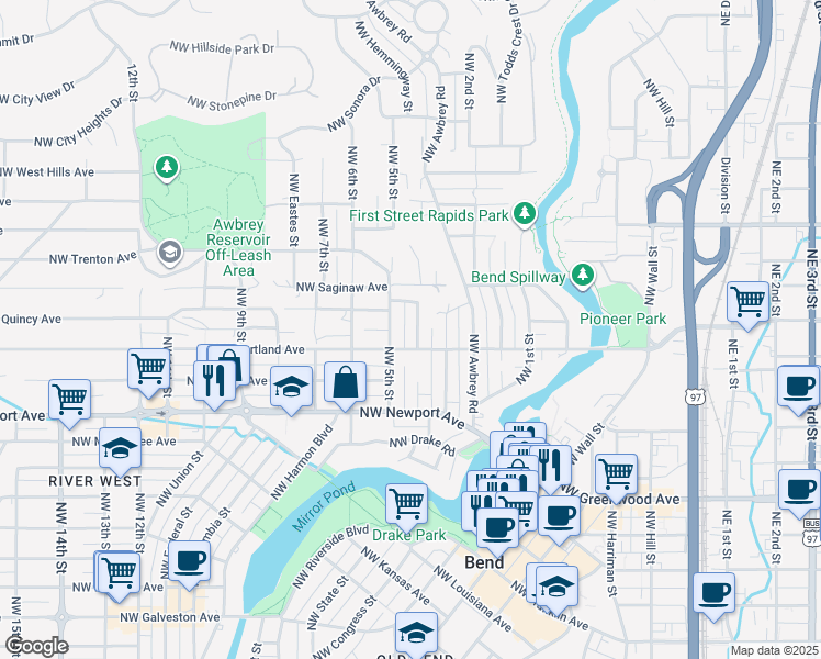 map of restaurants, bars, coffee shops, grocery stores, and more near 427 Northwest Portland Avenue in Bend