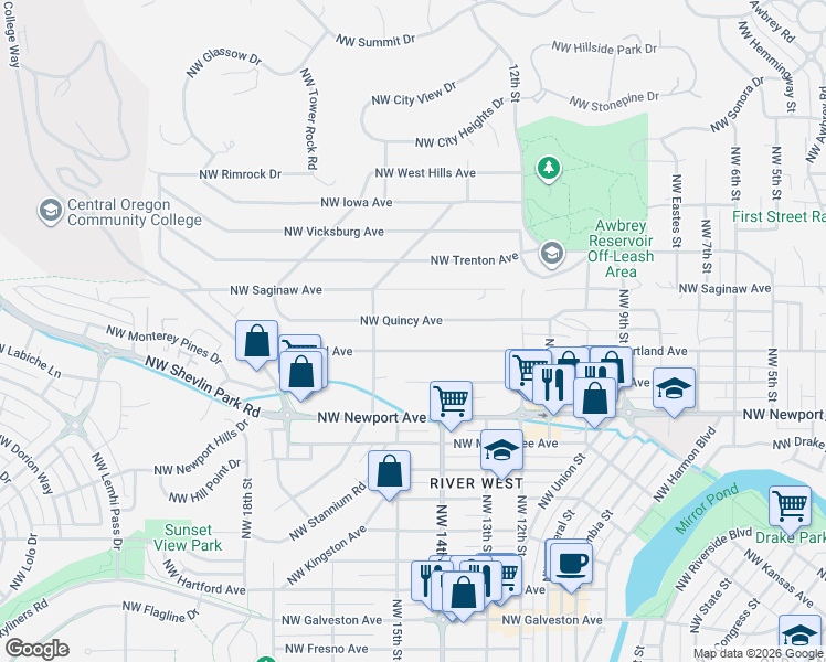 map of restaurants, bars, coffee shops, grocery stores, and more near 1485 Northwest Portland Avenue in Bend
