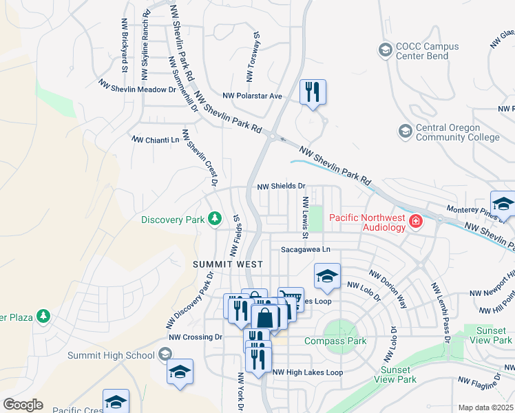 map of restaurants, bars, coffee shops, grocery stores, and more near 2665 North West Bratton Lane in Bend