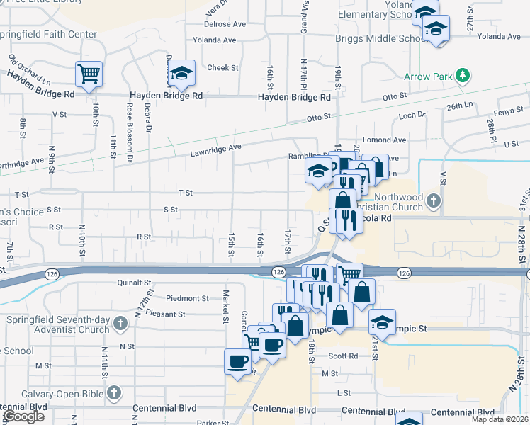 map of restaurants, bars, coffee shops, grocery stores, and more near 1924 16th Street in Springfield