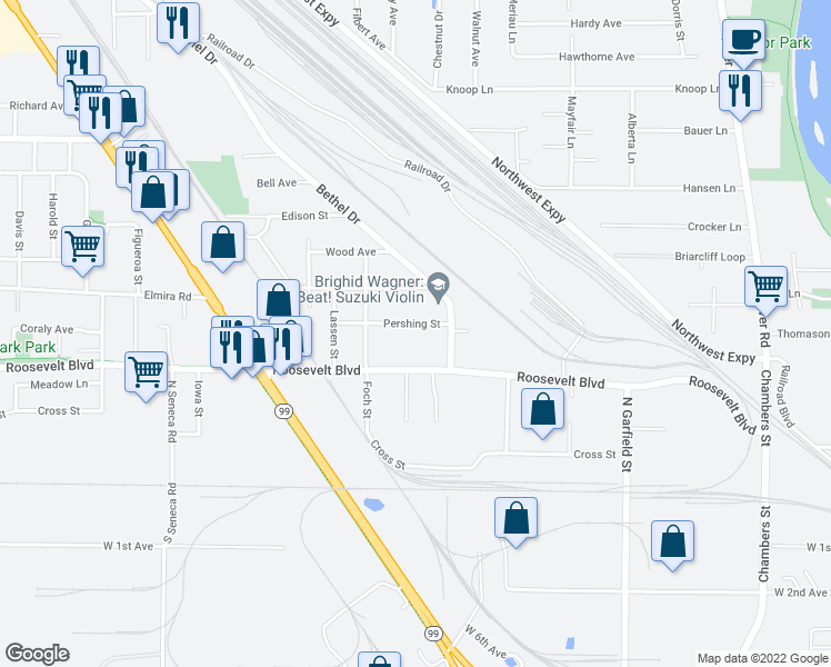 map of restaurants, bars, coffee shops, grocery stores, and more near 2355 Roosevelt Boulevard in Eugene