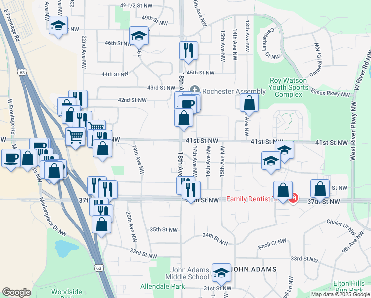 map of restaurants, bars, coffee shops, grocery stores, and more near 3918 18th Avenue Northwest in Rochester