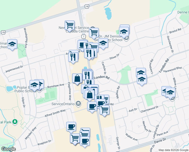 map of restaurants, bars, coffee shops, grocery stores, and more near 15 London Road in Newmarket