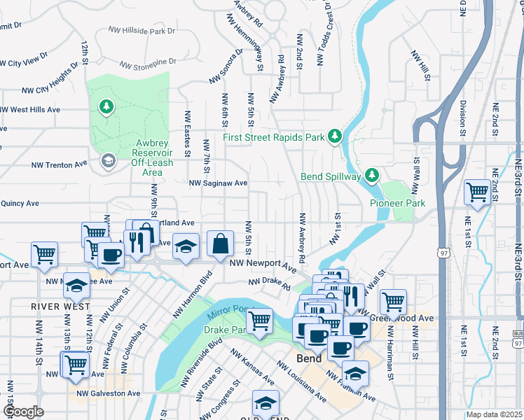 map of restaurants, bars, coffee shops, grocery stores, and more near 1637 Northwest 4th Street in Bend