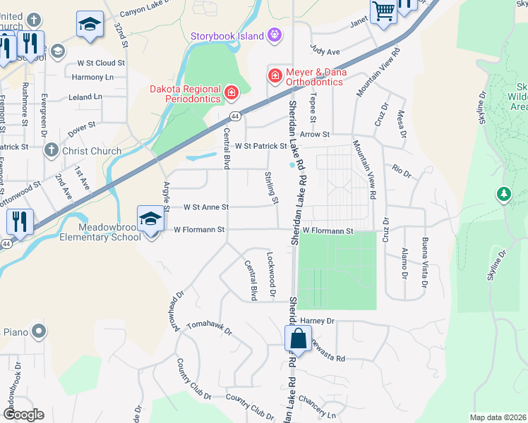 map of restaurants, bars, coffee shops, grocery stores, and more near 2713 West Saint Anne Street in Rapid City