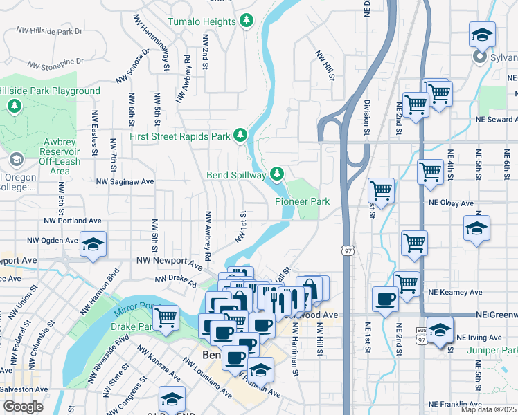 map of restaurants, bars, coffee shops, grocery stores, and more near 25 Northwest Gordon Road in Bend