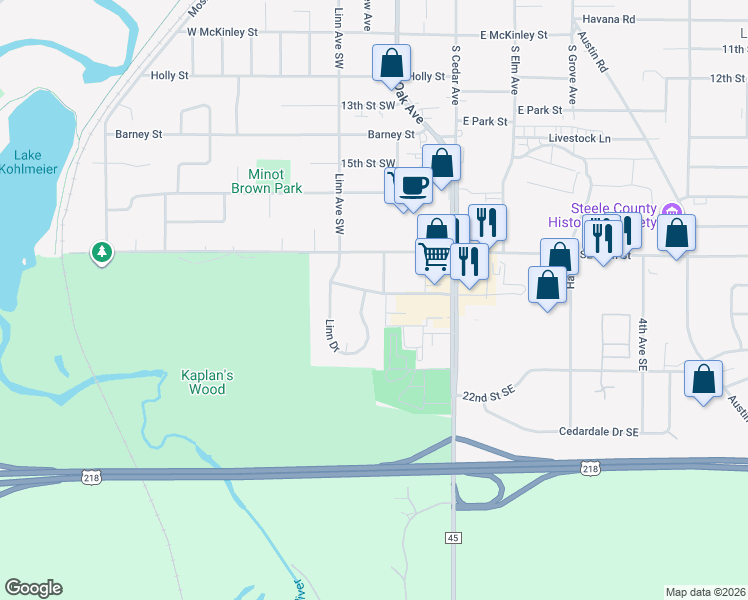 map of restaurants, bars, coffee shops, grocery stores, and more near 1820 2nd Avenue Southwest in Owatonna
