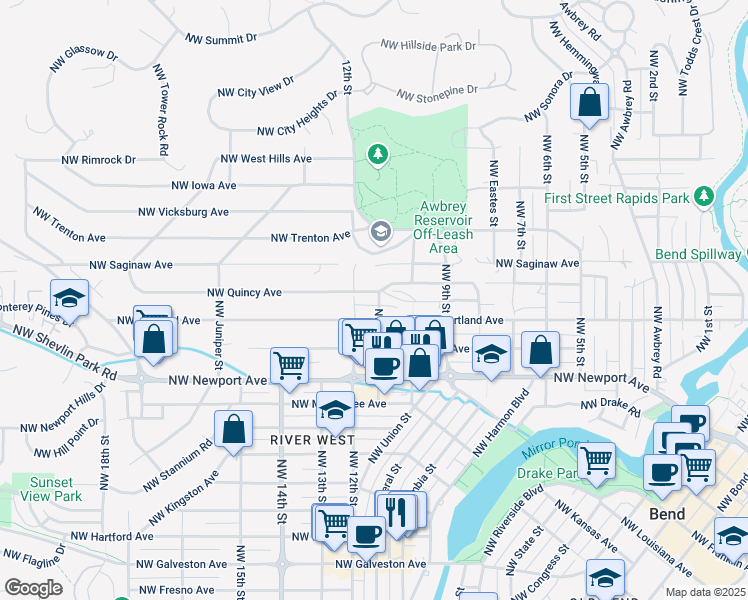 map of restaurants, bars, coffee shops, grocery stores, and more near in Bend