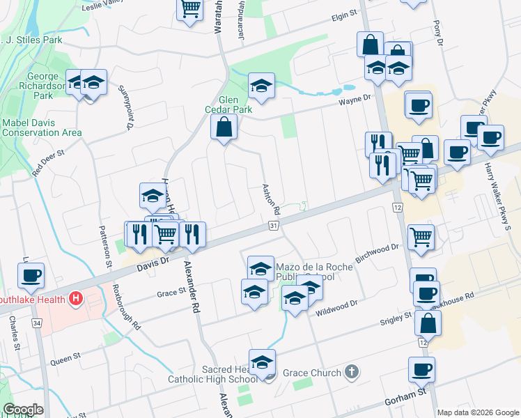map of restaurants, bars, coffee shops, grocery stores, and more near 46 Eastman Crescent in Newmarket