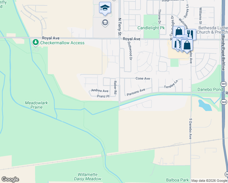 map of restaurants, bars, coffee shops, grocery stores, and more near 604 Raber Road in Eugene