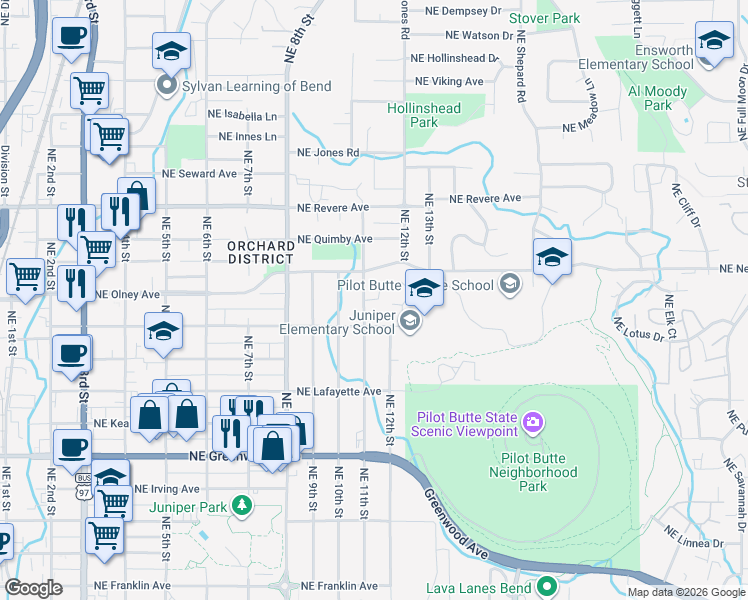 map of restaurants, bars, coffee shops, grocery stores, and more near Northeast Butte Drive in Bend