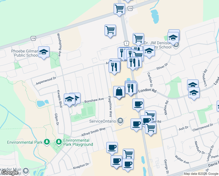 map of restaurants, bars, coffee shops, grocery stores, and more near 317 Flagstone Way in Newmarket