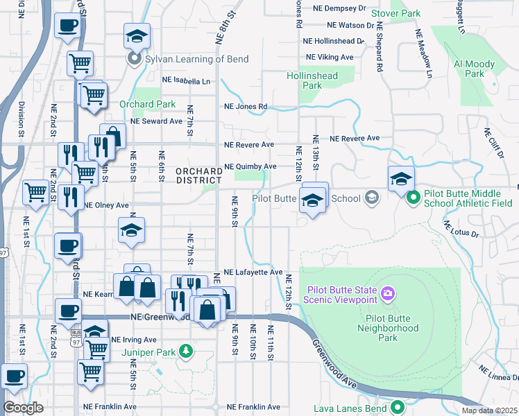 map of restaurants, bars, coffee shops, grocery stores, and more near 1446 Northeast 10th Street in Bend