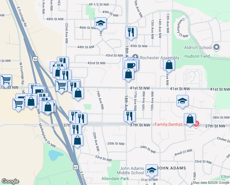 map of restaurants, bars, coffee shops, grocery stores, and more near 4105 18th Avenue Northwest in Rochester